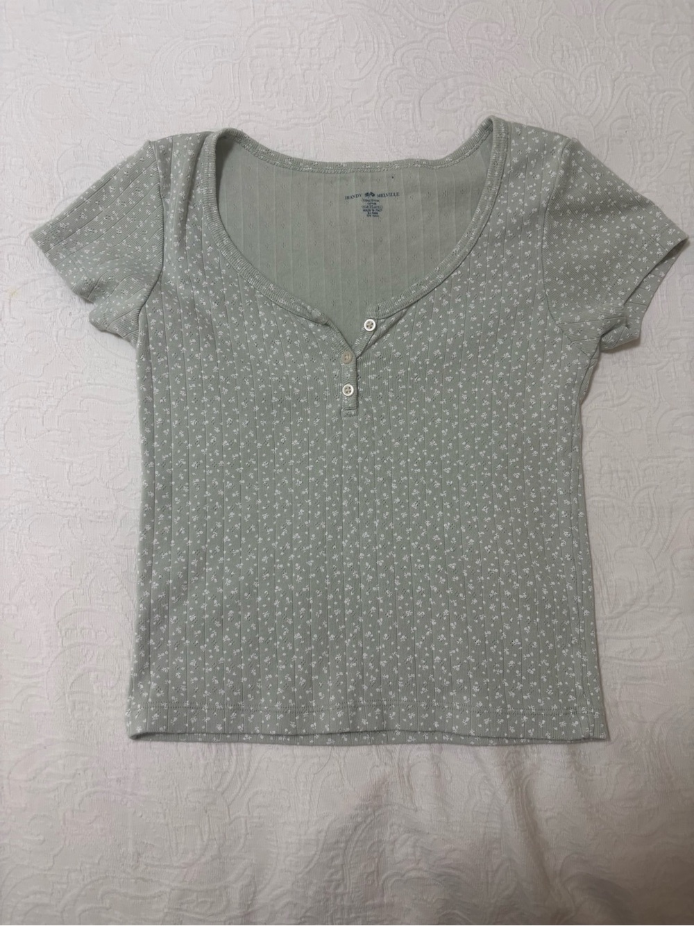 Brandy Melville Light Sage Scoop-Neck Henley with White Floral Print